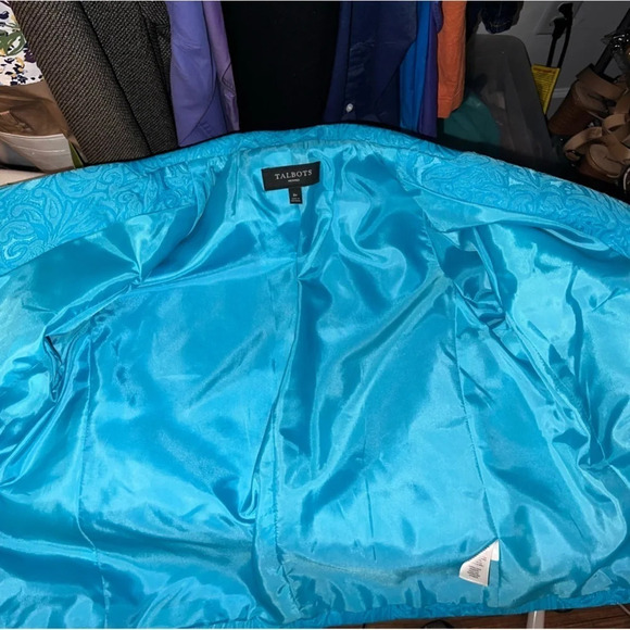 Talbots 8P, paisley embroidered blue sleeveless dress with matching crop jacket - Picture 9 of 13